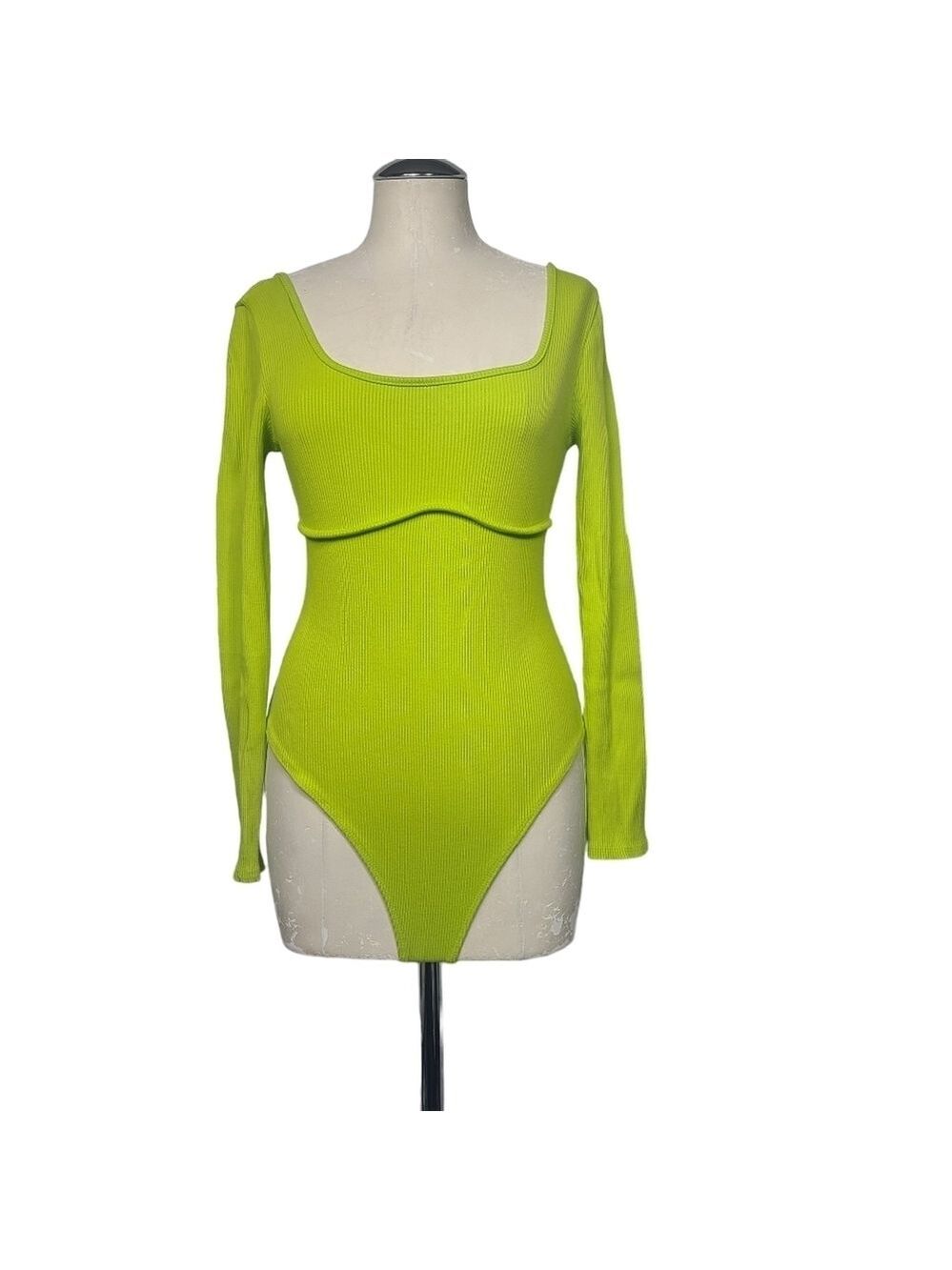 Lulus Emphasis On Enticing Lime Ribbed Bustier Long Sleeve Bodysuit XL